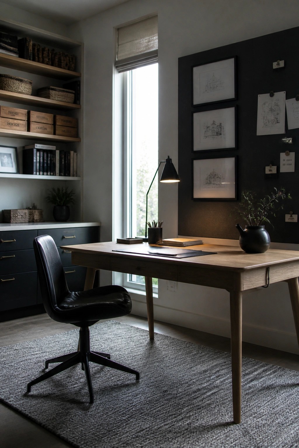 A masculine home office featuring a wooden desk, black leather chair on a gray rug, built-in wooden shelves with books and boxes, and a dark accent wall displaying framed architectural prints and pinned papers.