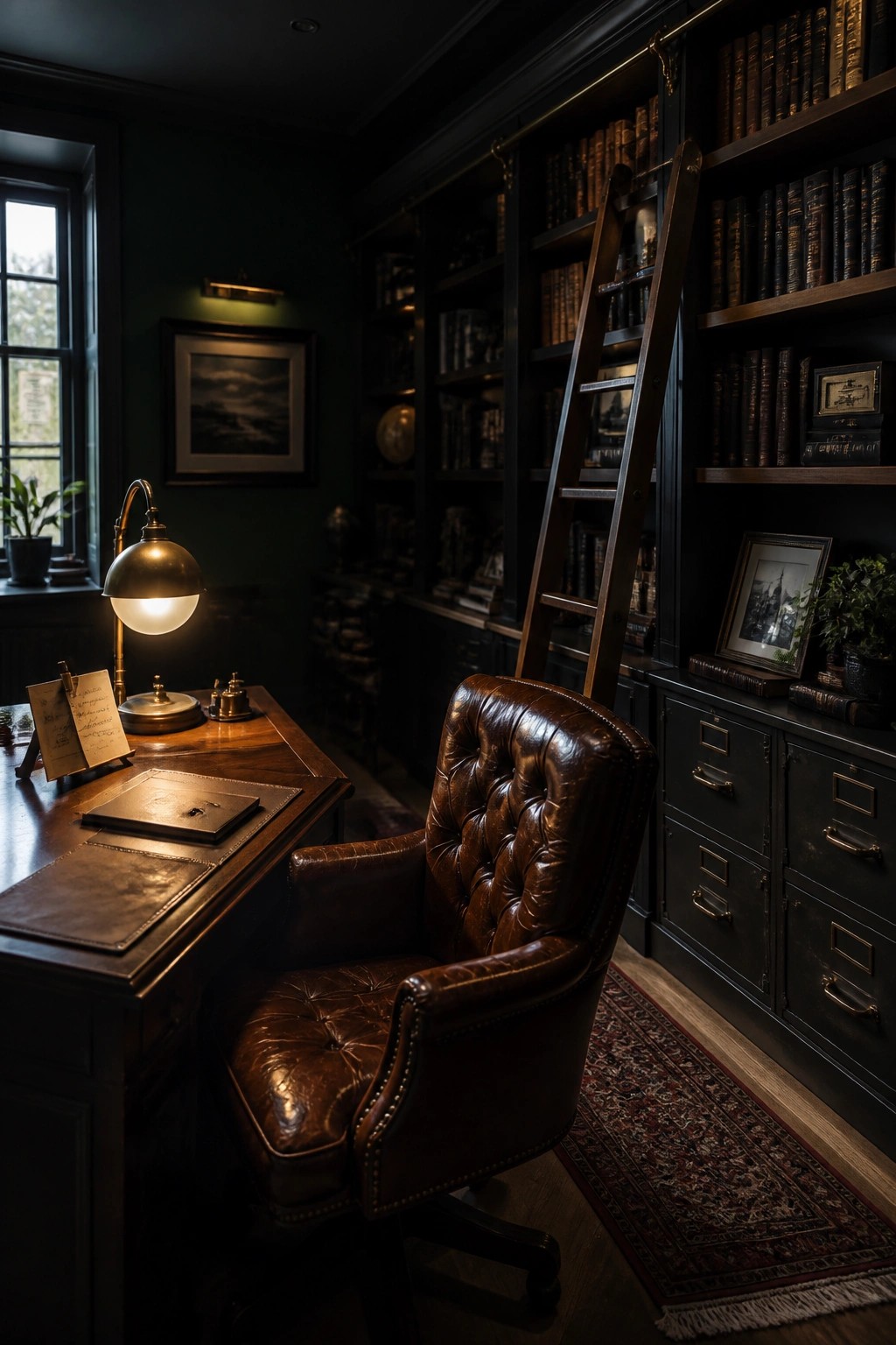 A masculine home office featuring a wooden desk with a brown leather chair, a lit desk lamp, and tall dark built-in bookshelves with a rolling wooden ladder.