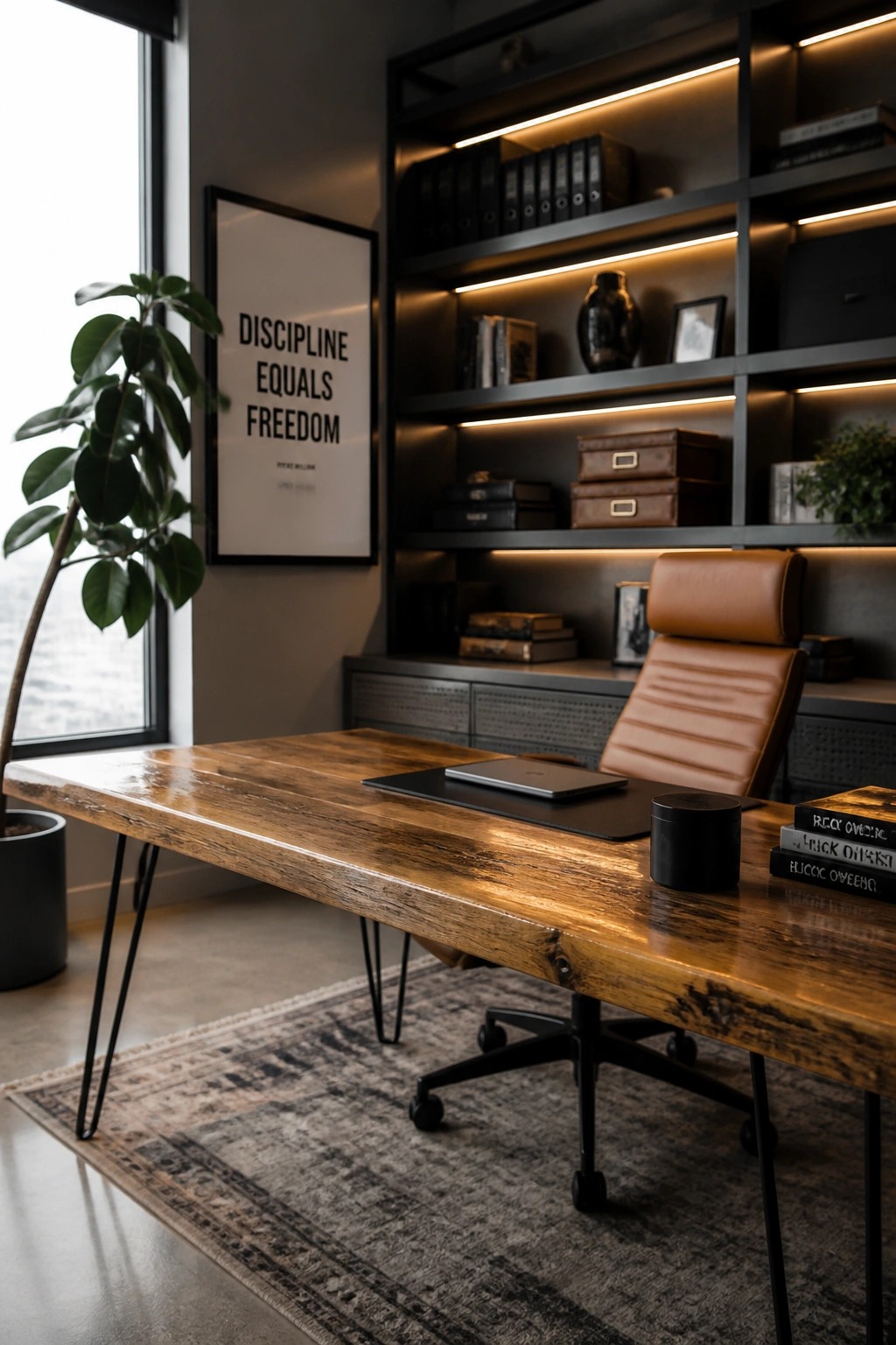 A masculine home office with a wooden desk, brown leather chair, and dark built-in shelves lit by integrated LED strips holding books, boxes, and small items.