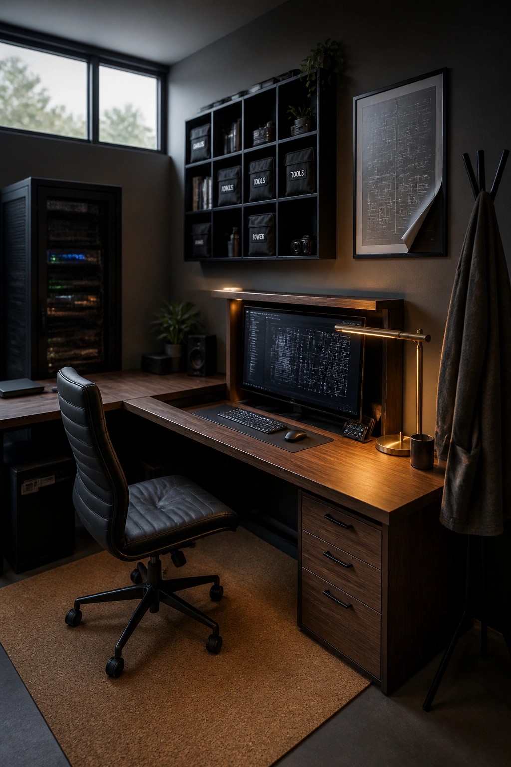 A home office featuring a dark wood desk with computer setup, black office chair, and wall-mounted black shelving holding multiple labeled fabric storage bins.