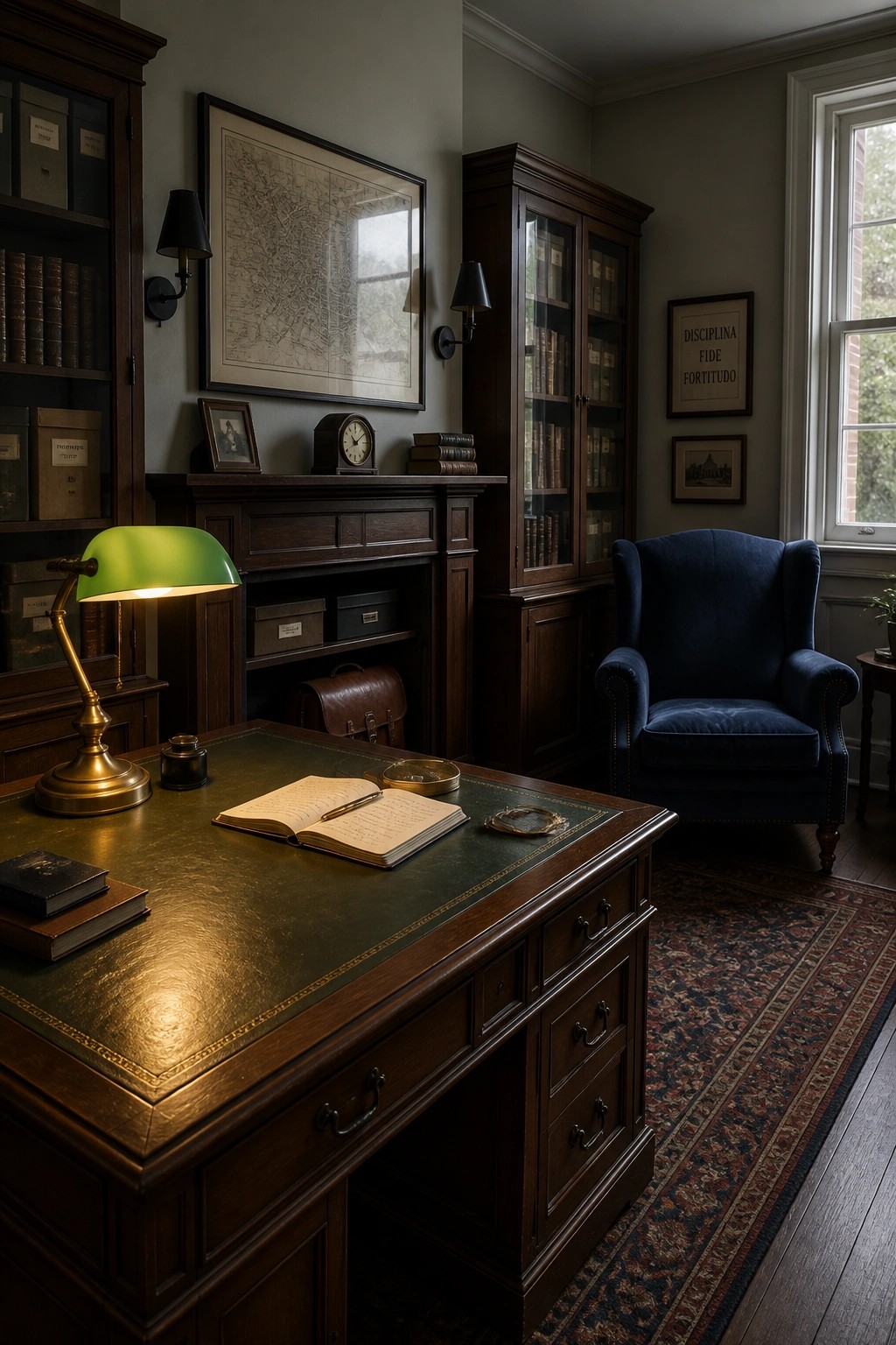 Vintage wooden desk with glowing green lamp in elegant antique study