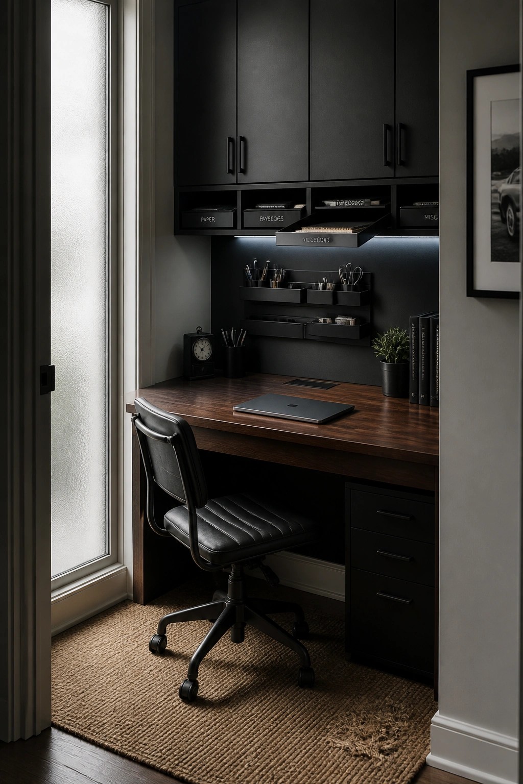 A dark masculine home office featuring a wood desk, black office chair, and wall-mounted black storage units with labeled compartments above the desk.