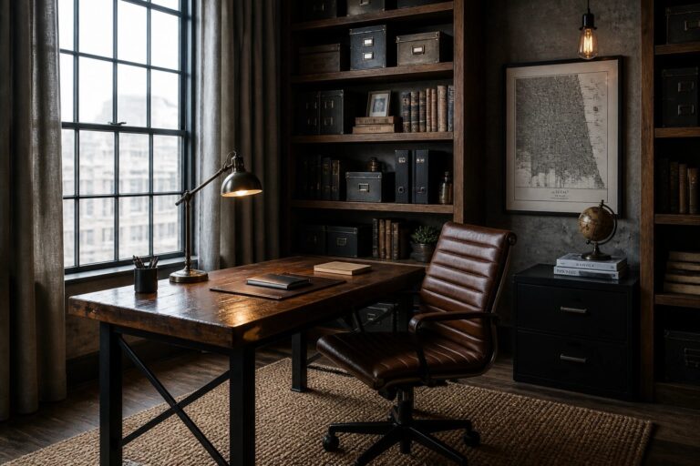 19 Organized Masculine Home Office Ideas That Keep Clutter Under Control A home office with a wooden desk, brown leather chair, and built-in dark shelves holding labeled metal storage boxes.