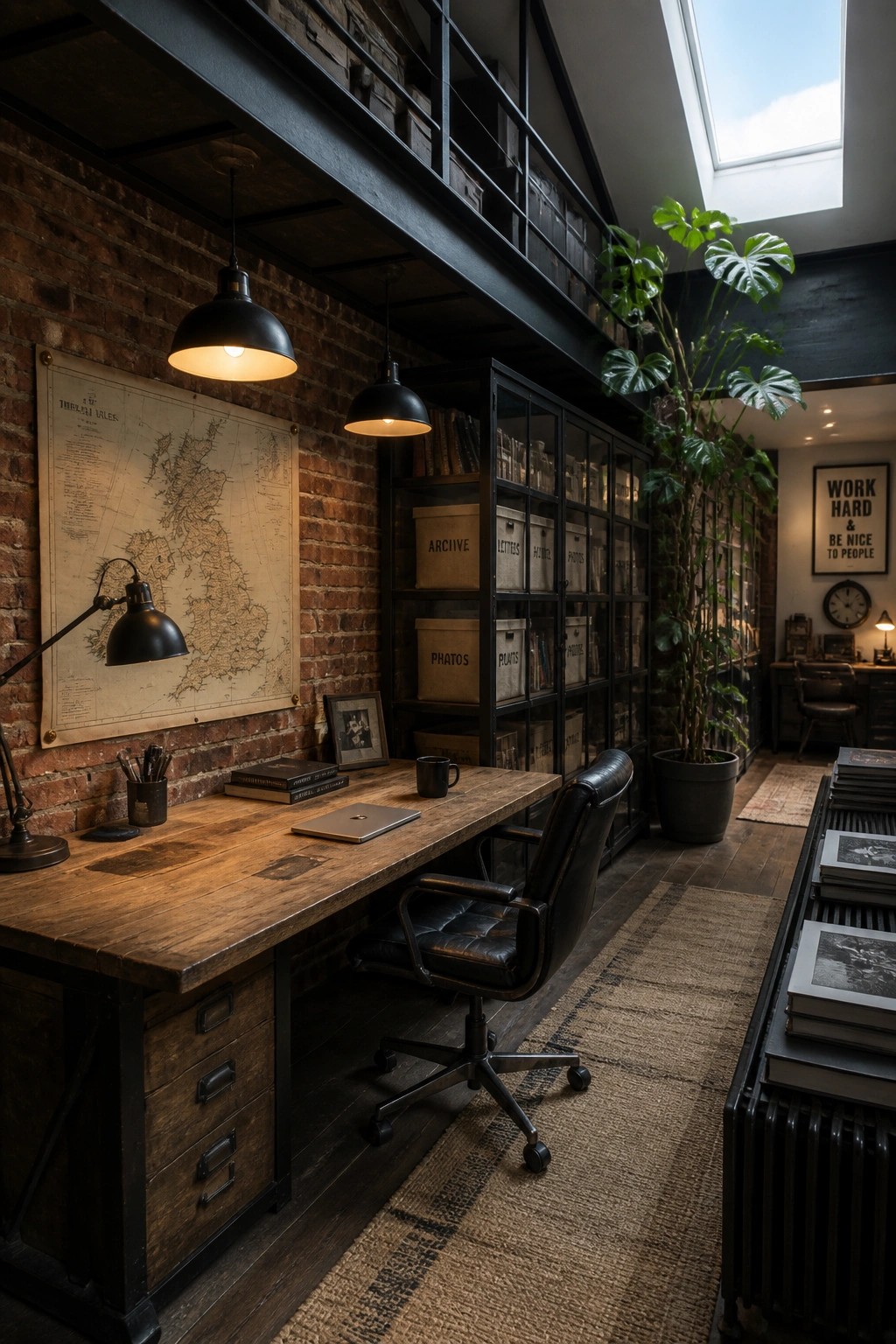 A home office with a wooden desk, black leather chair, brick wall, and a black metal cabinet containing labeled storage bins.