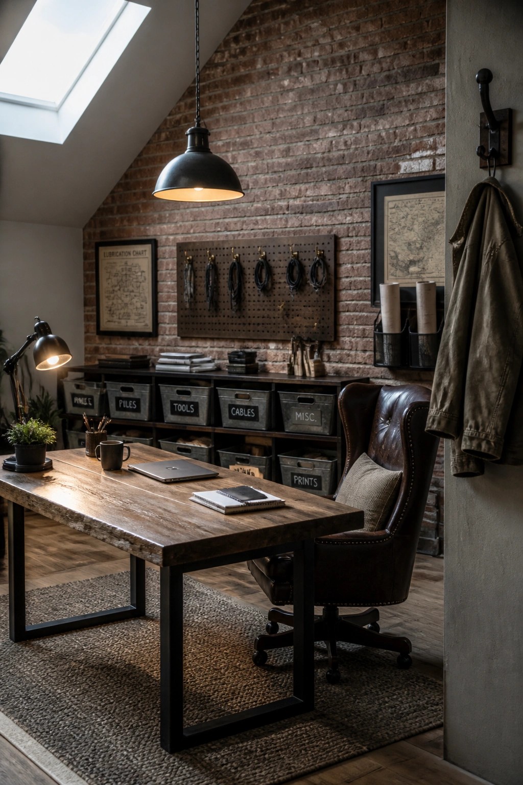 A masculine home office with a wooden desk, brown leather chair, brick wall, pegboard, and labeled metal storage bins on shelves.