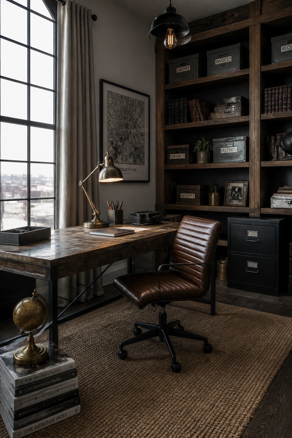 A home office with a wooden desk, brown leather chair, and built-in dark shelves holding labeled metal storage boxes.