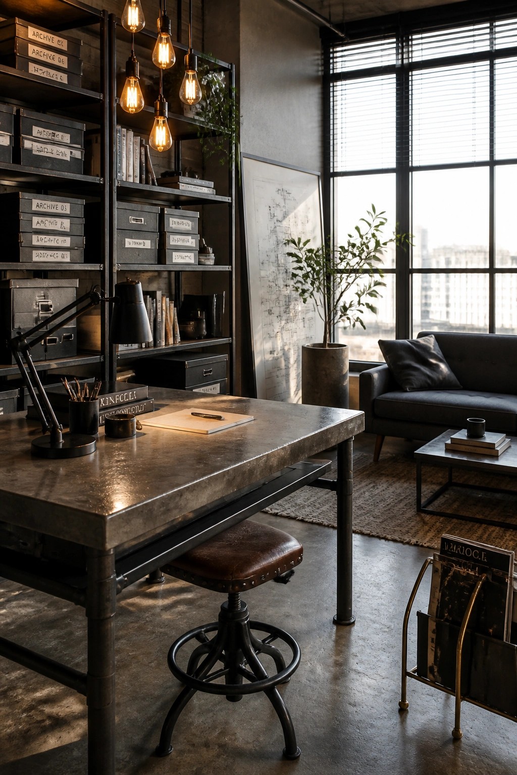 A masculine industrial home office featuring a large metal desk, a leather stool, open shelving filled with labeled storage boxes, and a black sofa beside large windows.
