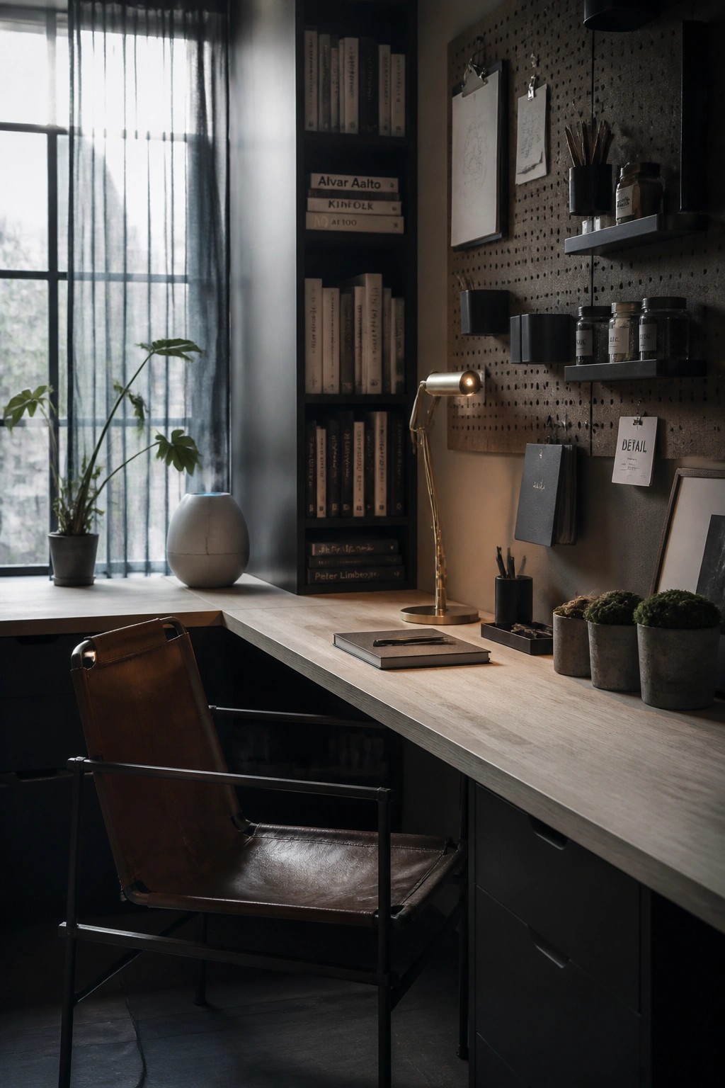 A masculine home office featuring a wooden desk with a brown leather sling chair, built-in bookshelves, and a pegboard wall with clipped papers, jars, and small shelves.