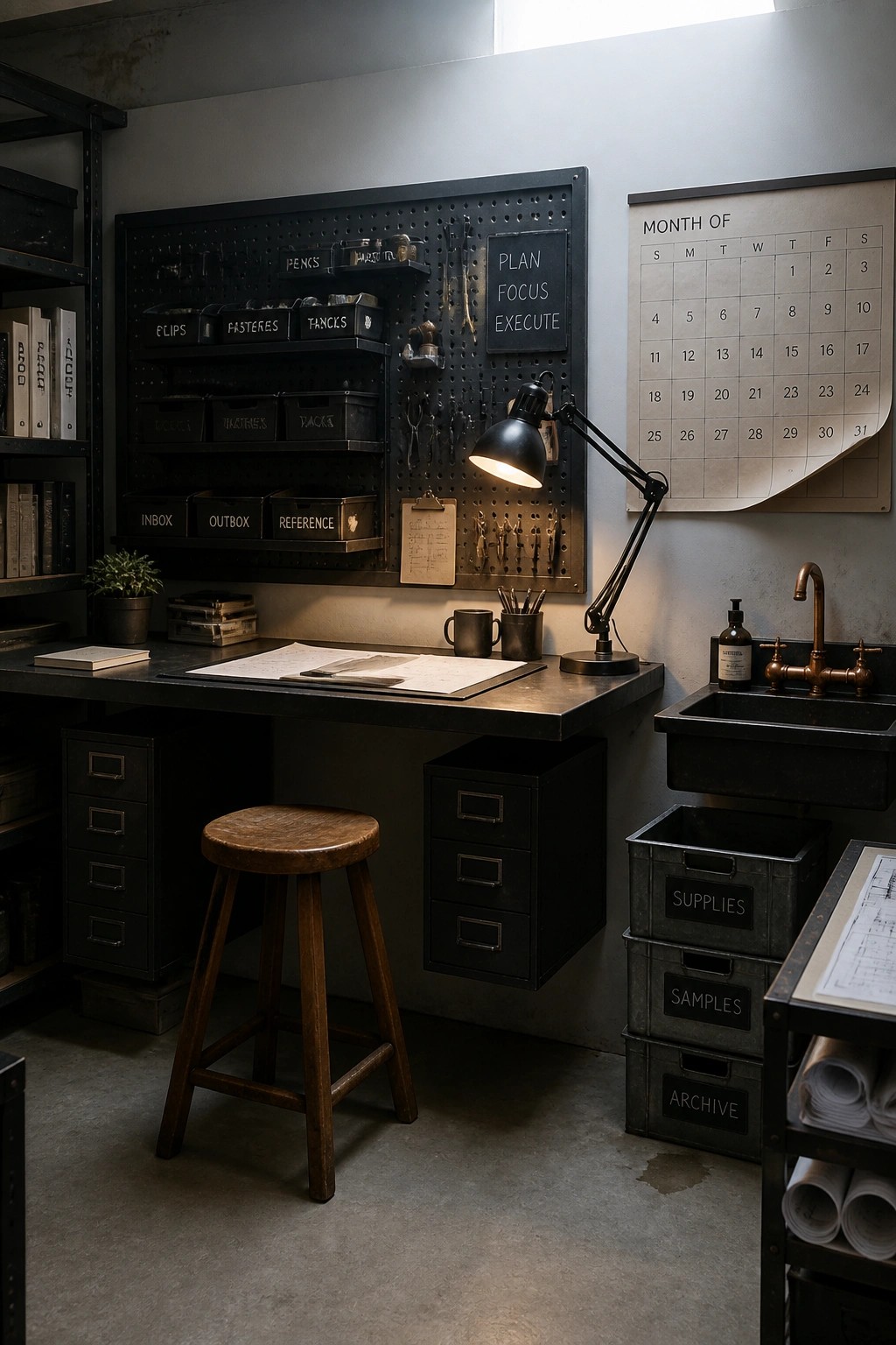 A masculine home office featuring a large black pegboard wall with labeled metal bins above a dark desk with a wooden stool.