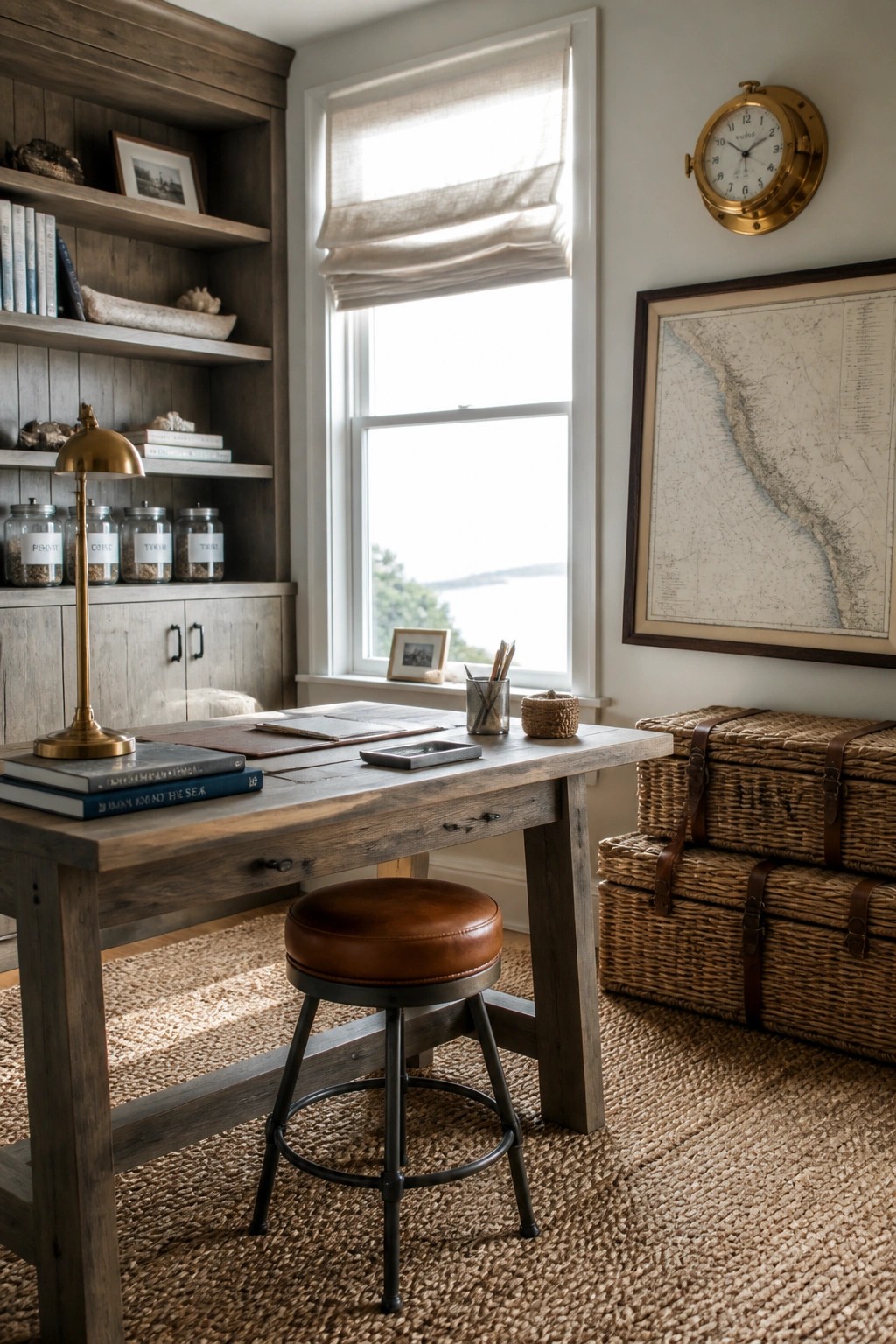 A wooden desk with a brown leather stool in a home office, next to stacked wicker trunks and a large framed map on the wall.