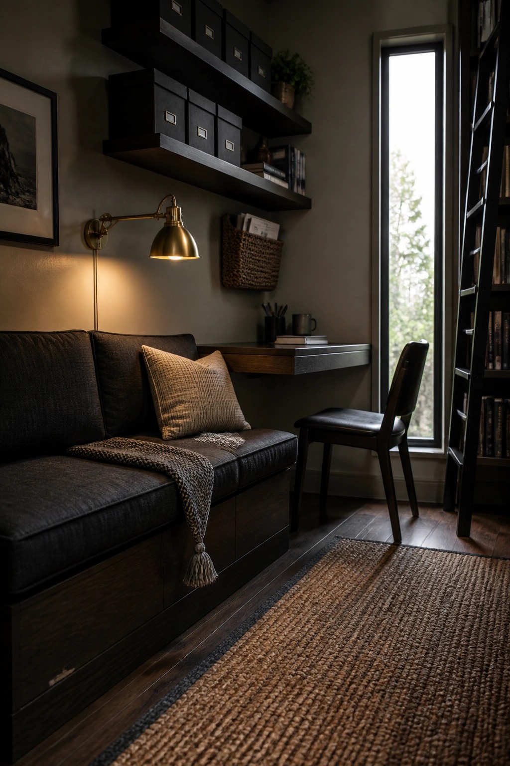 A home office interior with dark wall shelves holding uniform black storage boxes, a floating desk, a dark sofa with pillows, a wall sconce, and a tall window.