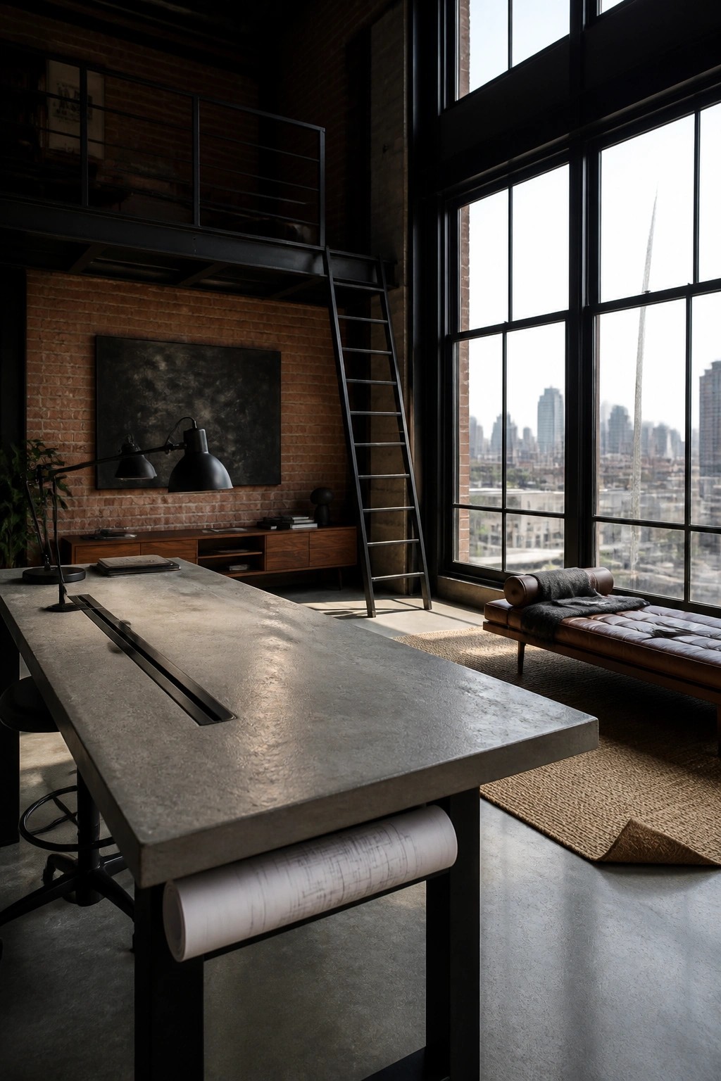 A spacious industrial home office with a large gray concrete desk, rolled blueprints on the surface, a black metal stool, brick wall with mounted artwork, black ladder to a mezzanine, and tall windows showing a city view.