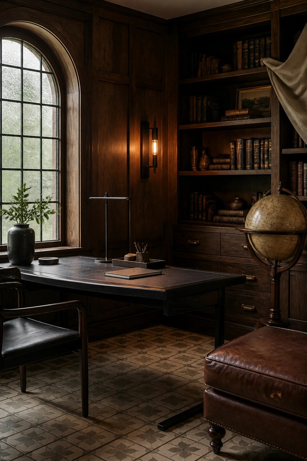 A home office with dark wood paneling, built-in bookshelves filled with books, a large desk, and an arched window.