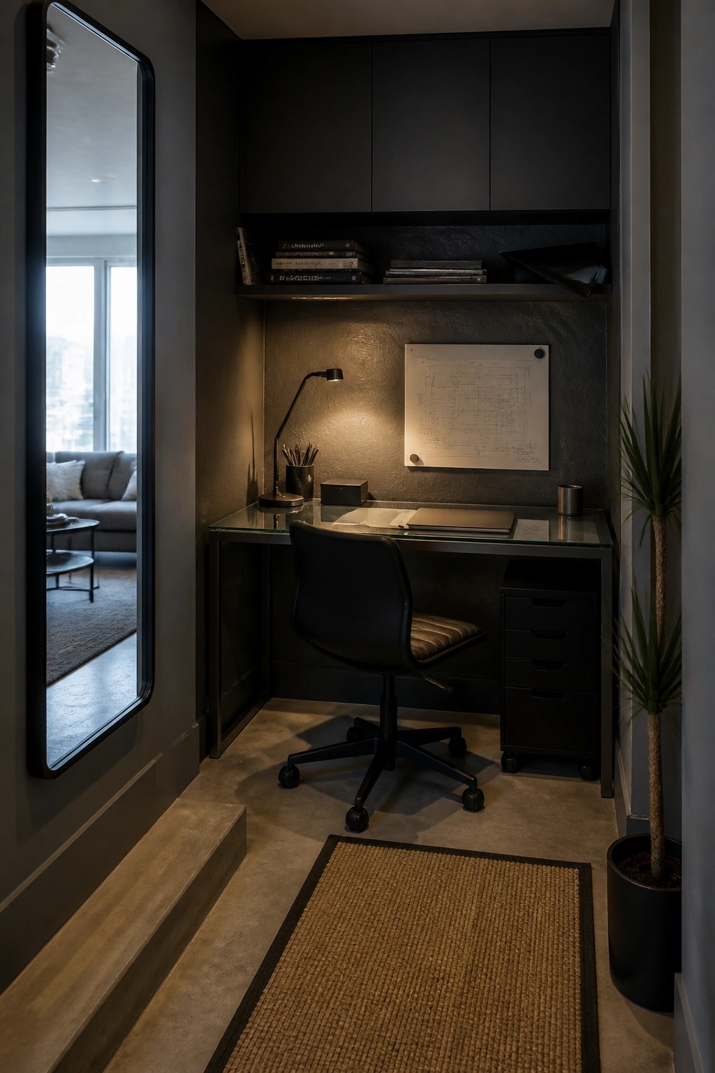 Modern dark workspace with glass desk, black chair, whiteboard, and floating shelves.