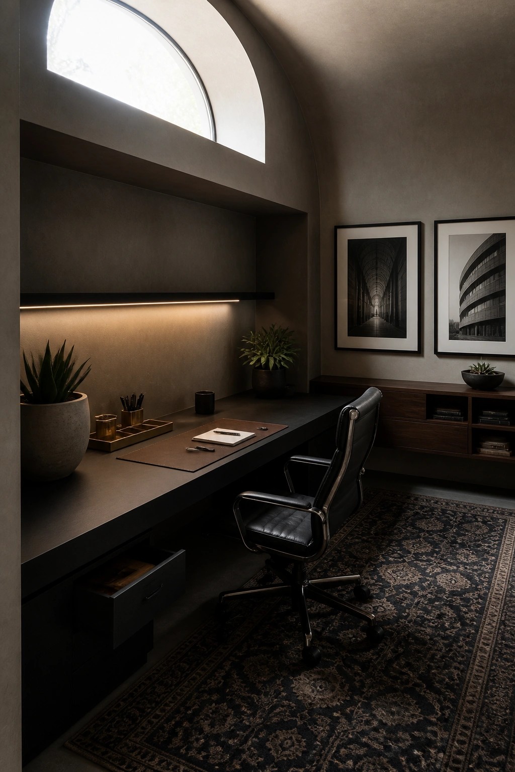A dark modern home office with a long built-in desk under an arched window, a black leather office chair, and framed black-and-white prints on the wall.