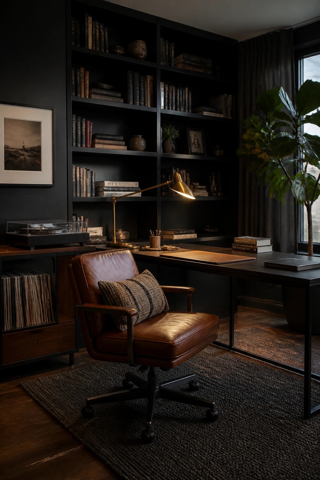 A dark home office featuring built-in bookshelves, a brown leather swivel chair, a desk with a brass lamp, and a record player on a wooden cabinet.