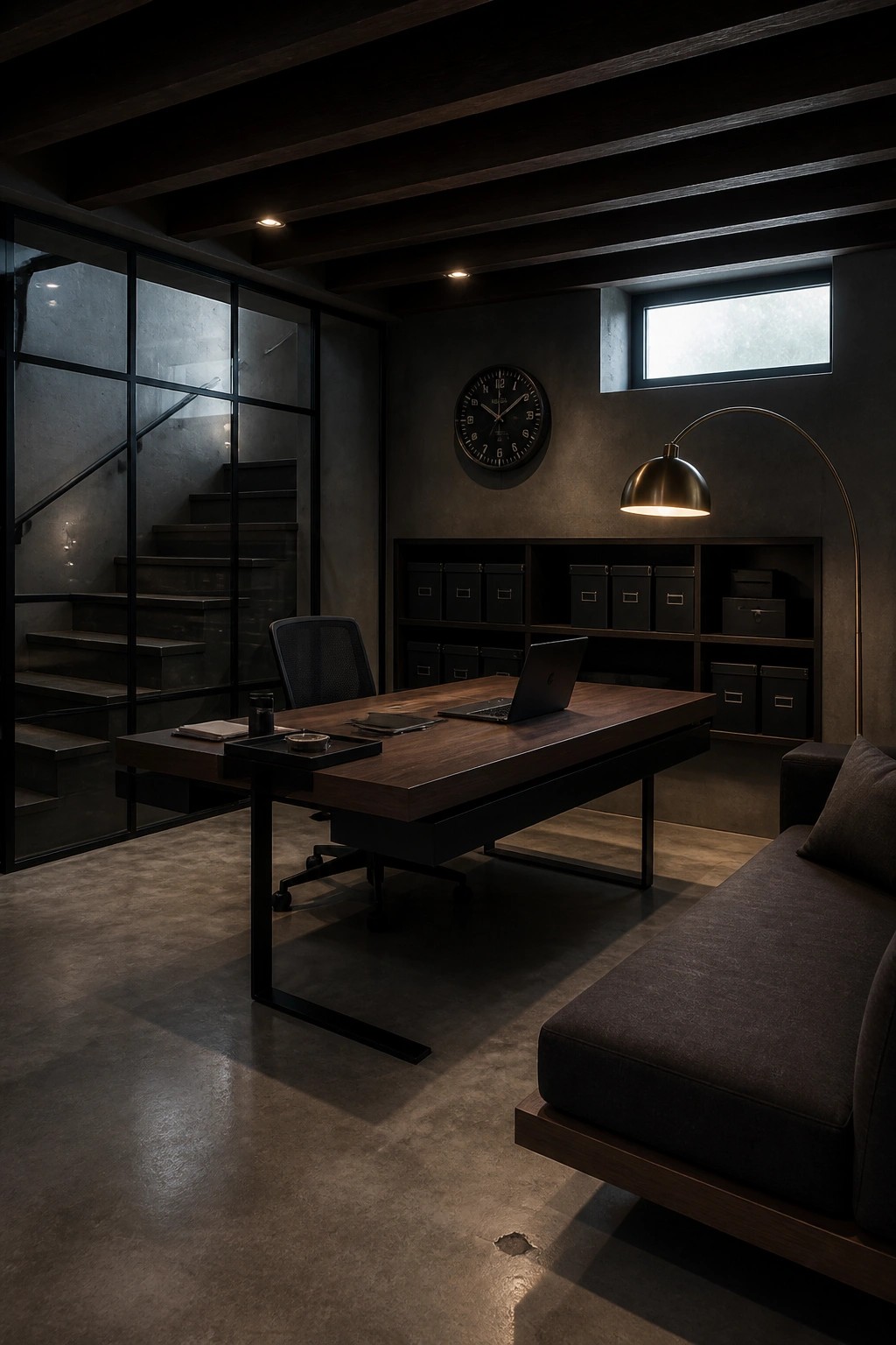 Dark modern office with wooden desk, laptop, wall clock, shelves, and floor lamp.