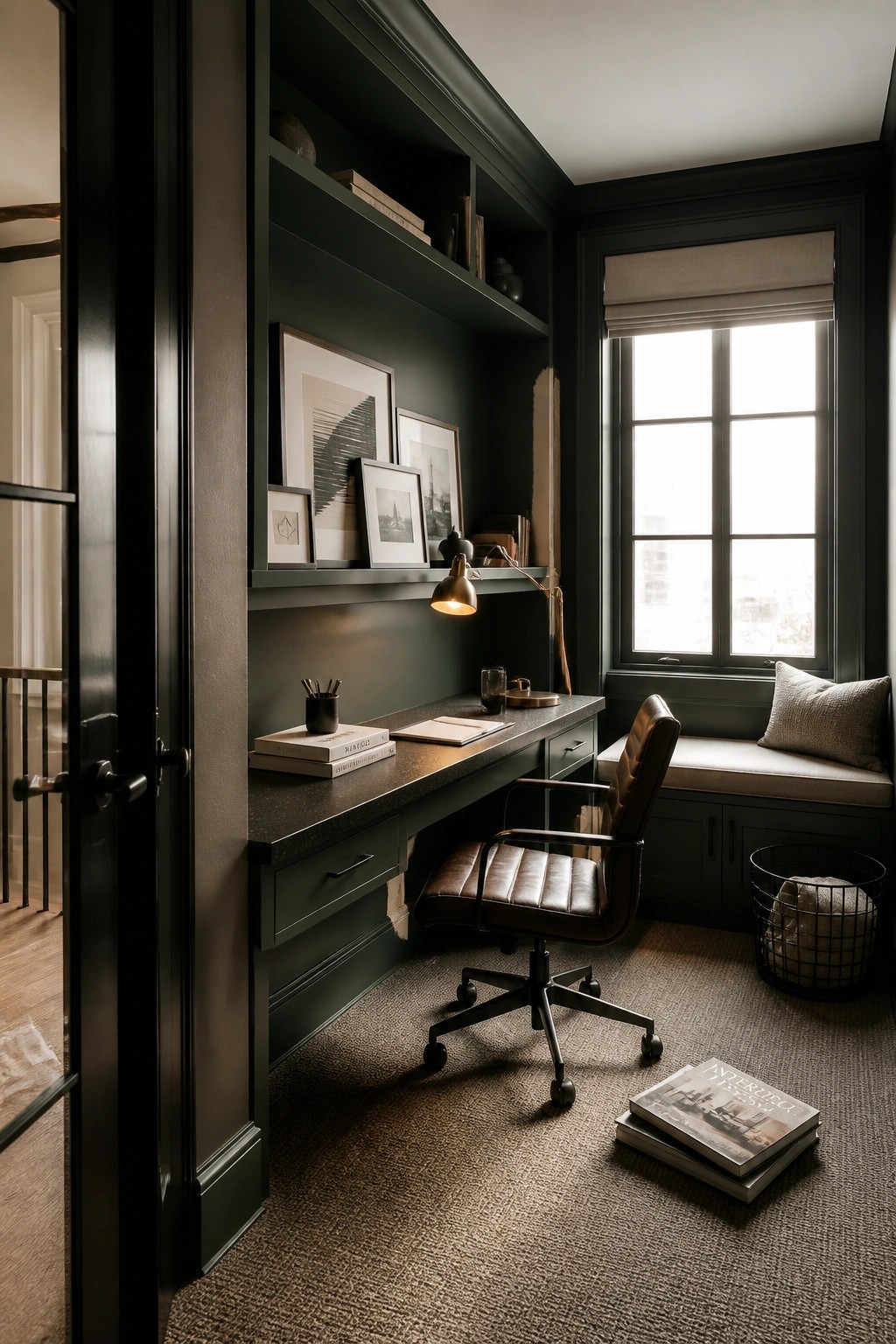 A dark green built-in desk and shelving unit with a brown leather office chair in a home office next to a large window.