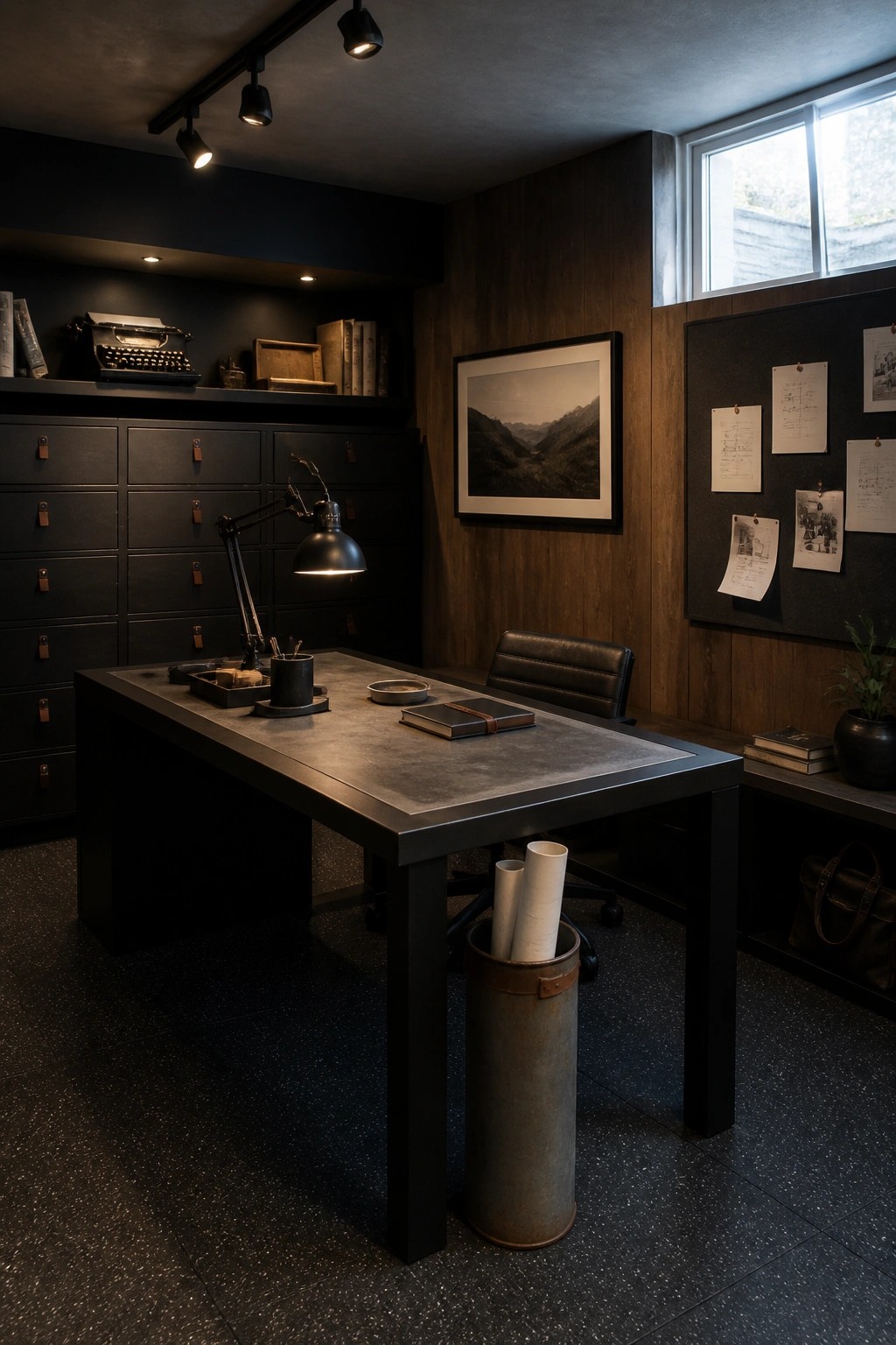 A dark home office with a concrete desk, black filing cabinets along the left wall, a black office chair, and a large window on the right.