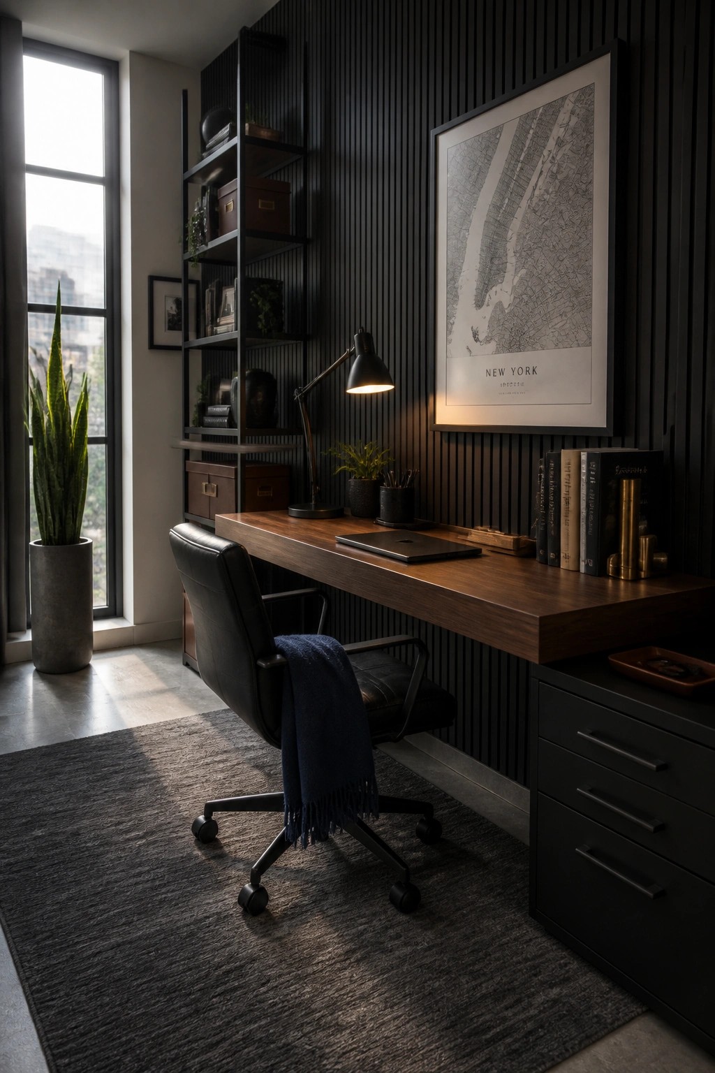A home office with a wooden desk against a dark vertical slat wall, a large framed New York map above the desk, and a black leather chair on a gray rug.