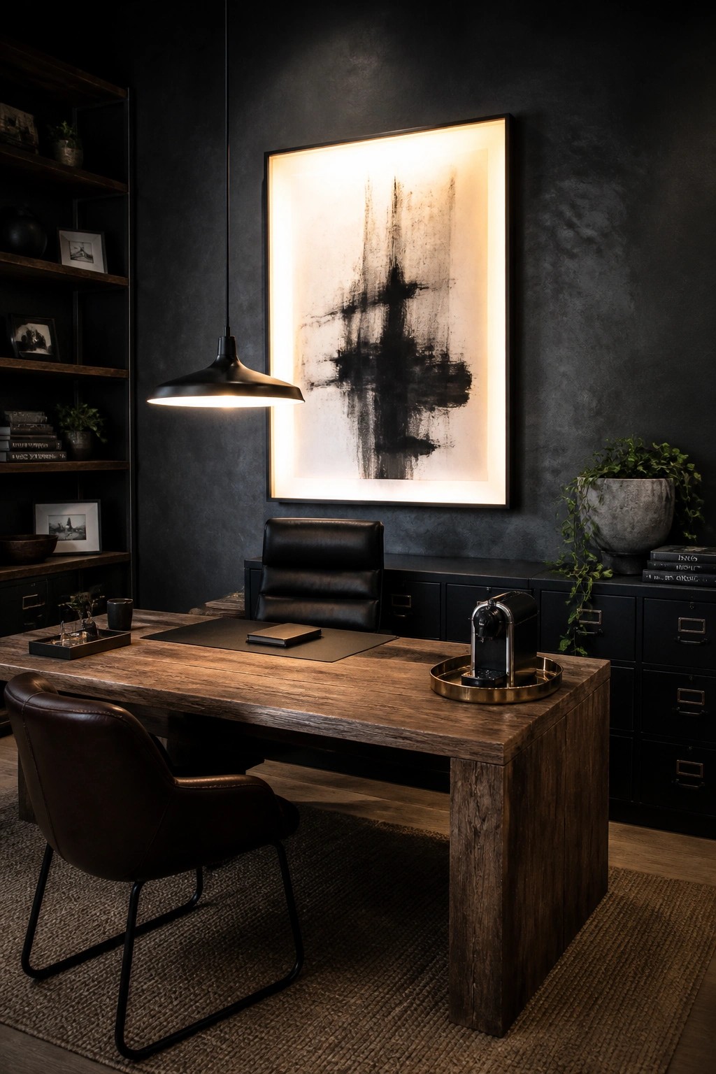 A home office featuring a large wooden desk with black leather chairs, dark walls, and a large illuminated abstract painting centered above the desk.