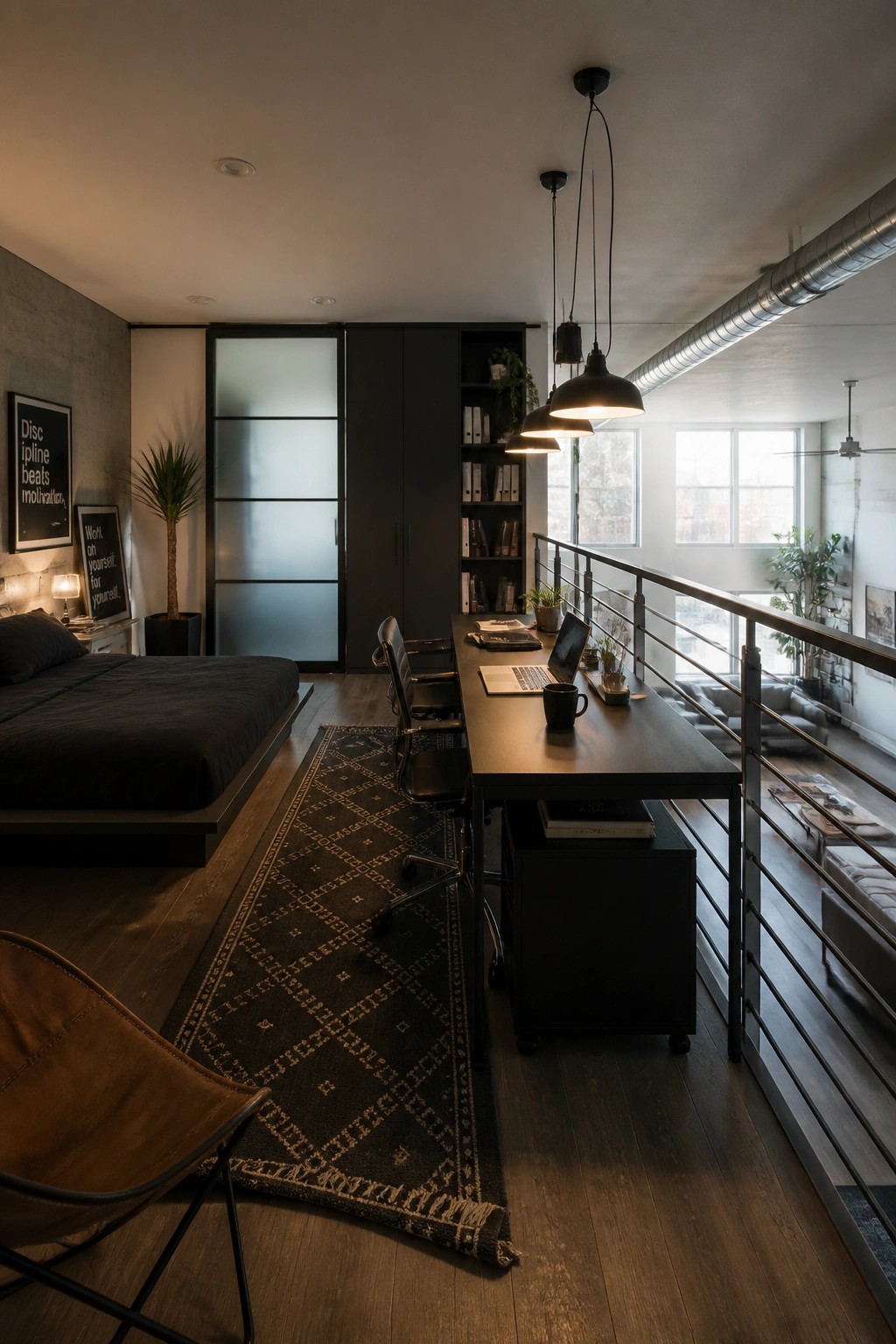 A long dark desk with two office chairs sits parallel to a metal railing in a modern loft interior that also contains a bed and shelving.