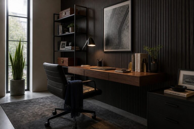19 Sleek Masculine Home Office Ideas for a Clean and Modern Setup A home office with a wooden desk against a dark vertical slat wall, a large framed New York map above the desk, and a black leather chair on a gray rug.