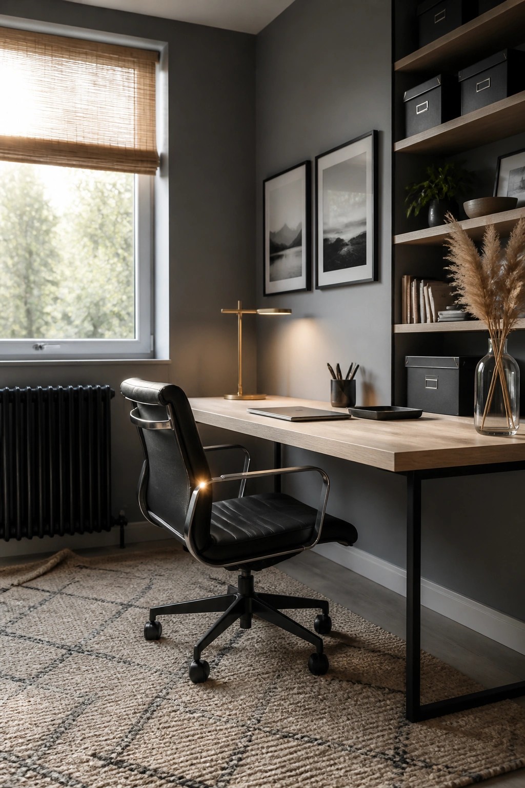 A black leather office chair positioned at a light wood desk in a room with dark gray walls, a window with a blind, and built-in shelving.
