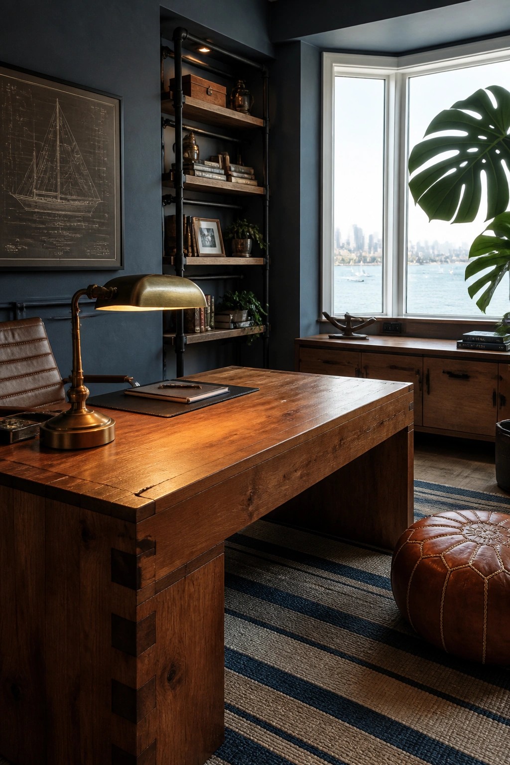 A large wooden desk with a brass lamp sits in a dark blue home office featuring industrial pipe shelving and a wide window view.