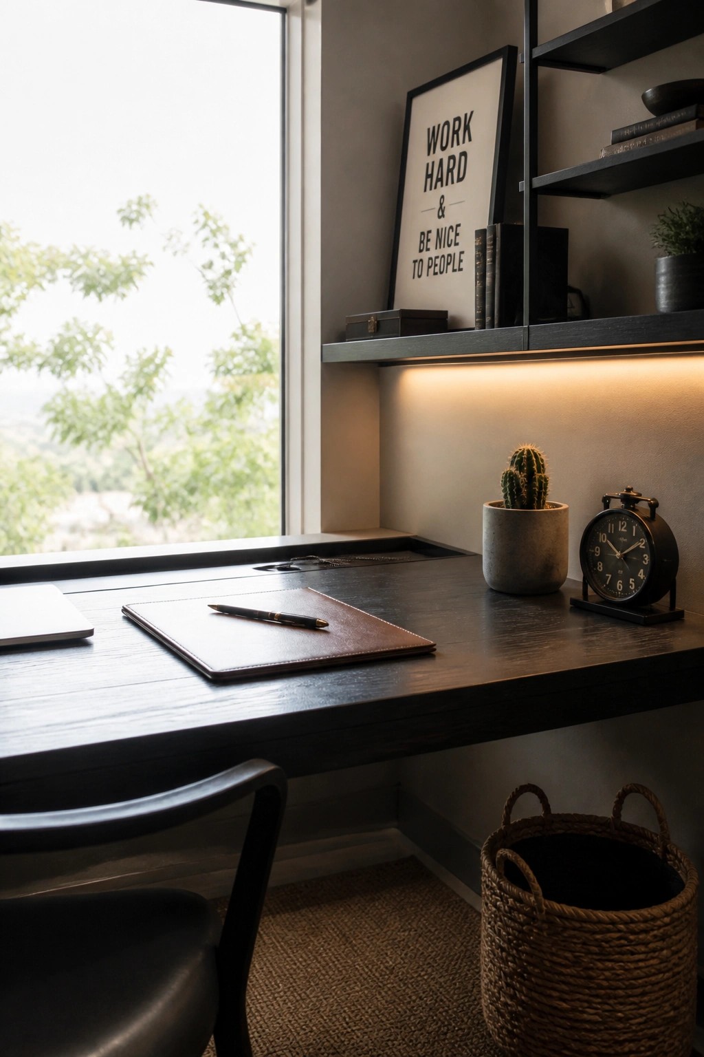 A dark wood desk under a window with a brown leather pad, pen, potted cactus, and black alarm clock, plus floating shelves holding books and a framed sign above.