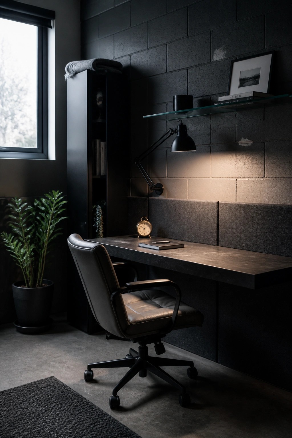 A modern dark home office featuring a long floating desk against black brick, a brown leather office chair, and padded wall panels with a wall-mounted lamp.