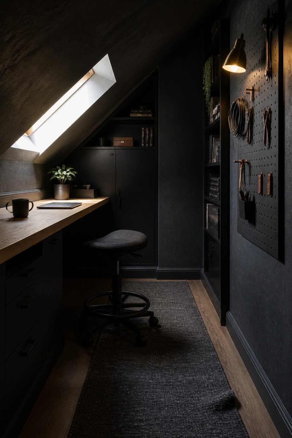 A narrow attic home office with dark walls, a wooden desk under a skylight, built-in black cabinetry, a rolling stool, and a pegboard wall holding tools on the right side.