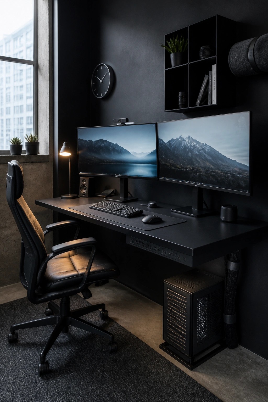 A home office featuring a black wall-mounted desk with dual monitors, a black office chair, dark walls, and minimal accessories.