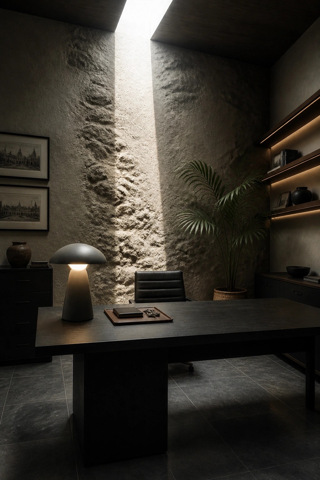 A home office with a large dark wood desk, a modern table lamp, a black leather chair, and textured concrete walls lit by a skylight.