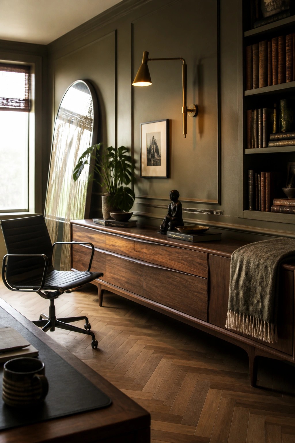 A home office interior showing a long dark wood credenza against olive walls with a black leather office chair, built-in bookshelves, and a wall sconce.