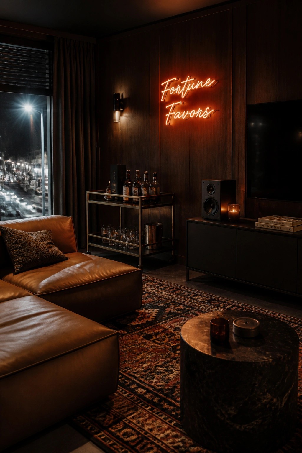 Dark modern lounge with leather sofa, orange neon sign, bar cart and rug.