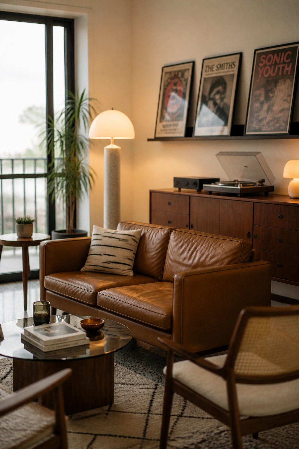 A modern living room featuring a brown leather sofa, round glass coffee table, wooden console with an open record player, and three framed music posters on the wall.