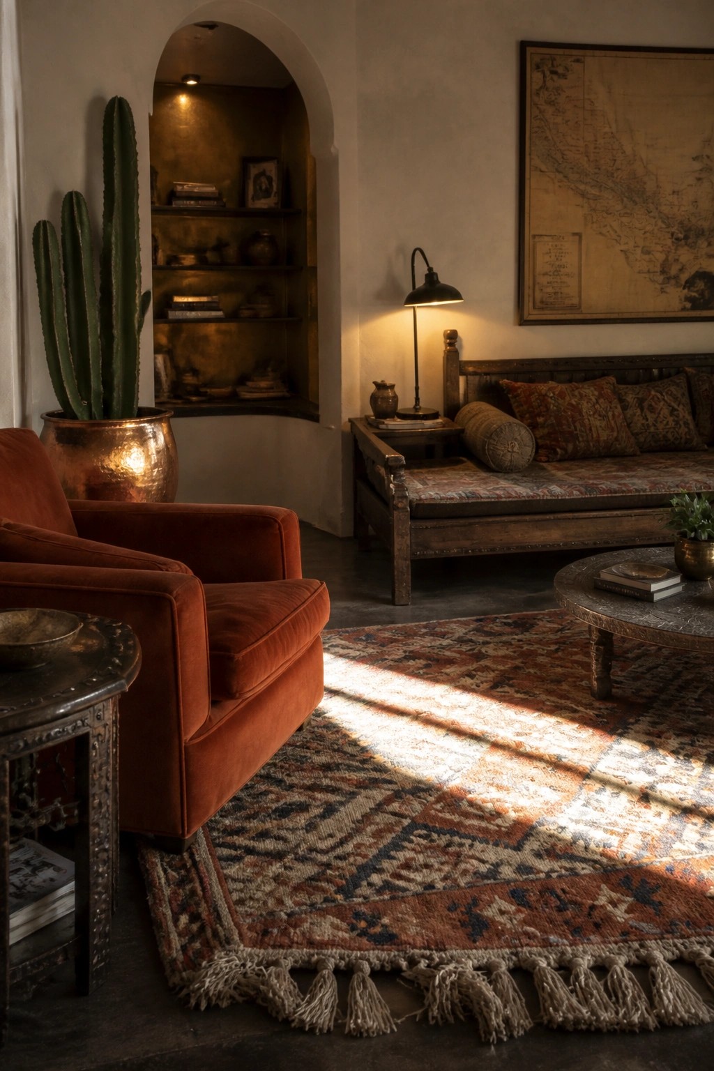 A living room with a rust velvet armchair in the foreground, a large fringed patterned rug on a dark floor, and a wooden daybed against the wall.