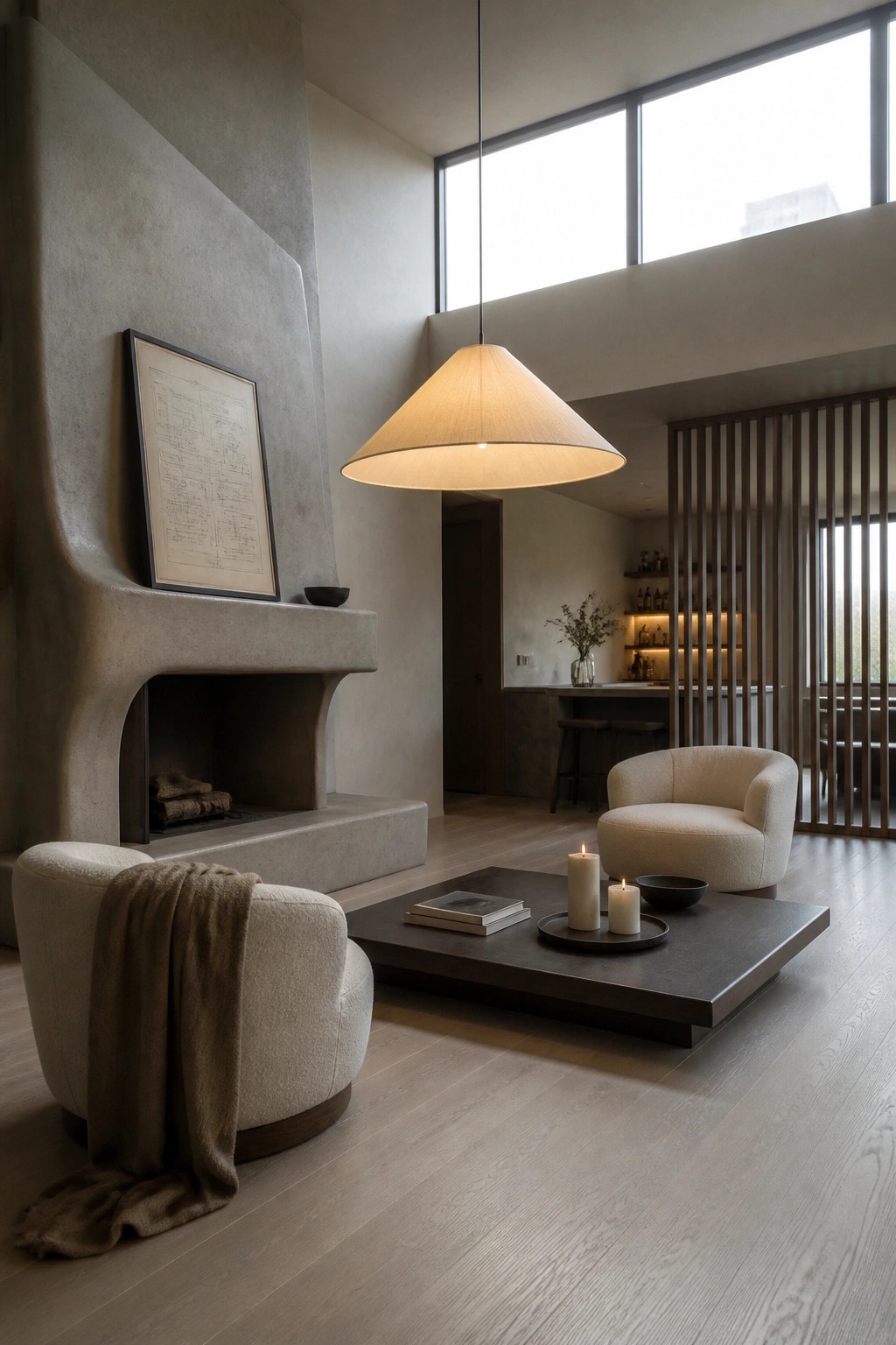 A living room with a large sculptural concrete fireplace, a framed drawing on the mantel, two round beige armchairs, a dark low coffee table with candles, and a large pendant light overhead.
