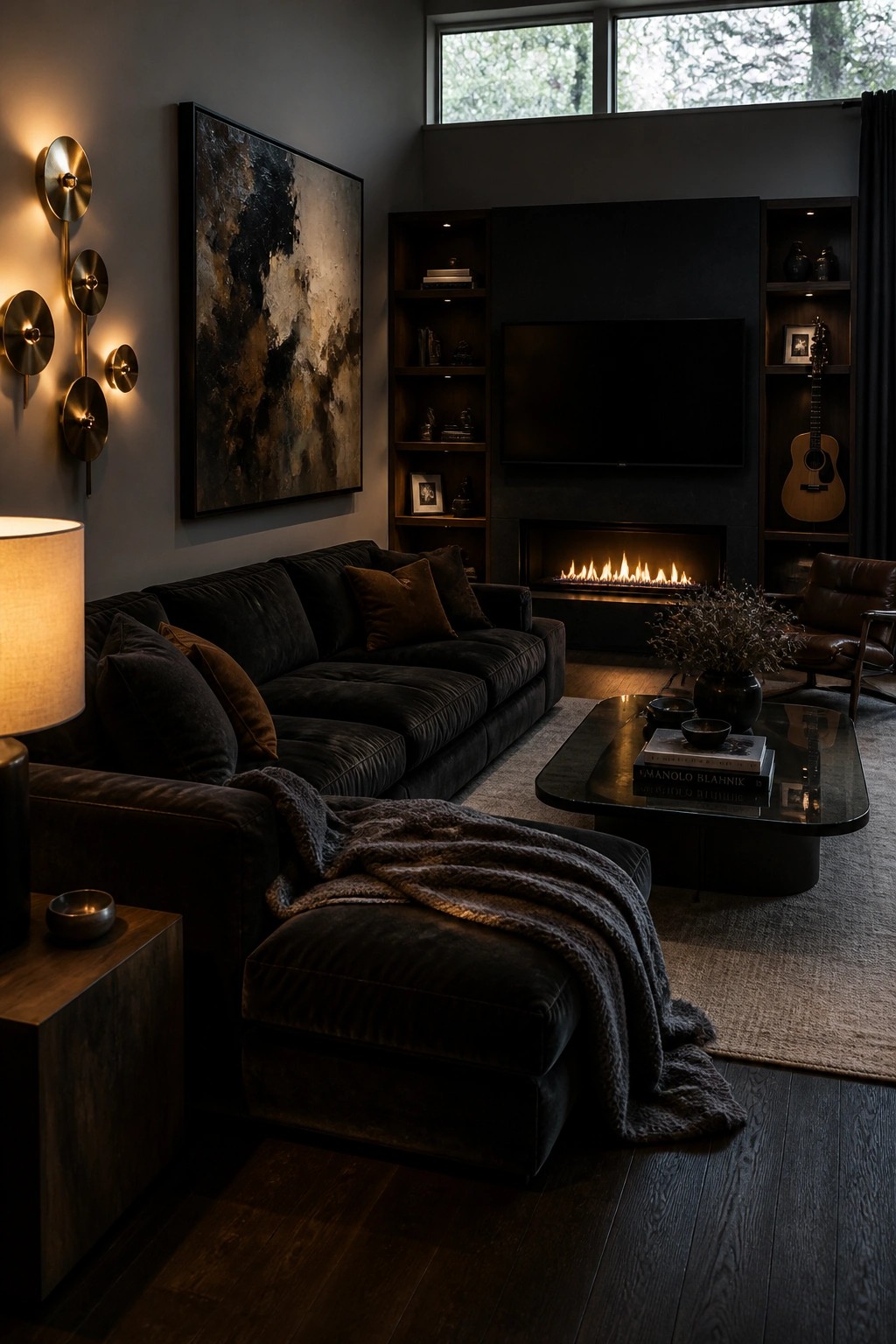 A living room with a dark sectional sofa facing built-in shelves that flank a fireplace with a television mounted above it.
