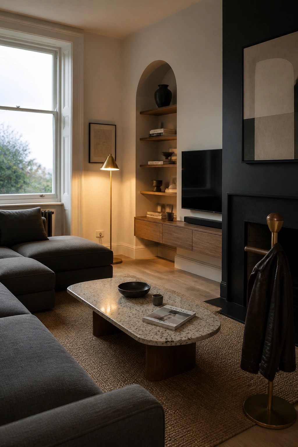 Modern living room with gray sectional sofa, terrazzo table, arched shelves, and black fireplace.