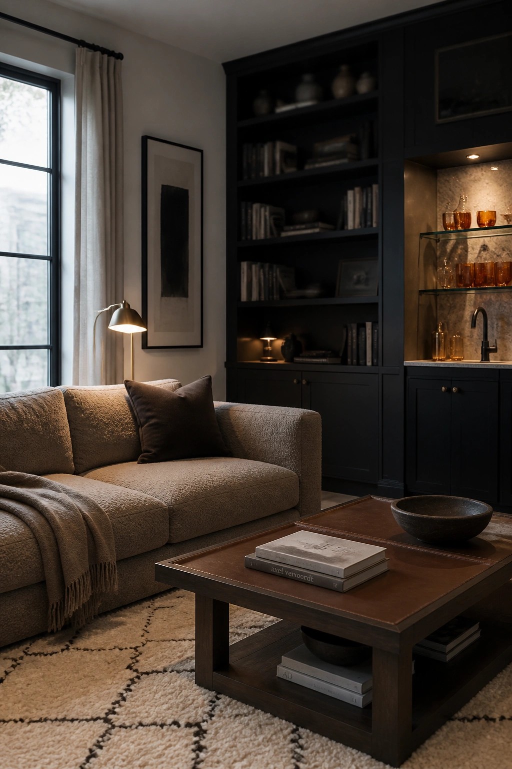 A living room featuring a beige sofa, dark wood coffee table, and floor-to-ceiling dark built-in bookshelves with integrated cabinetry and a small bar area.