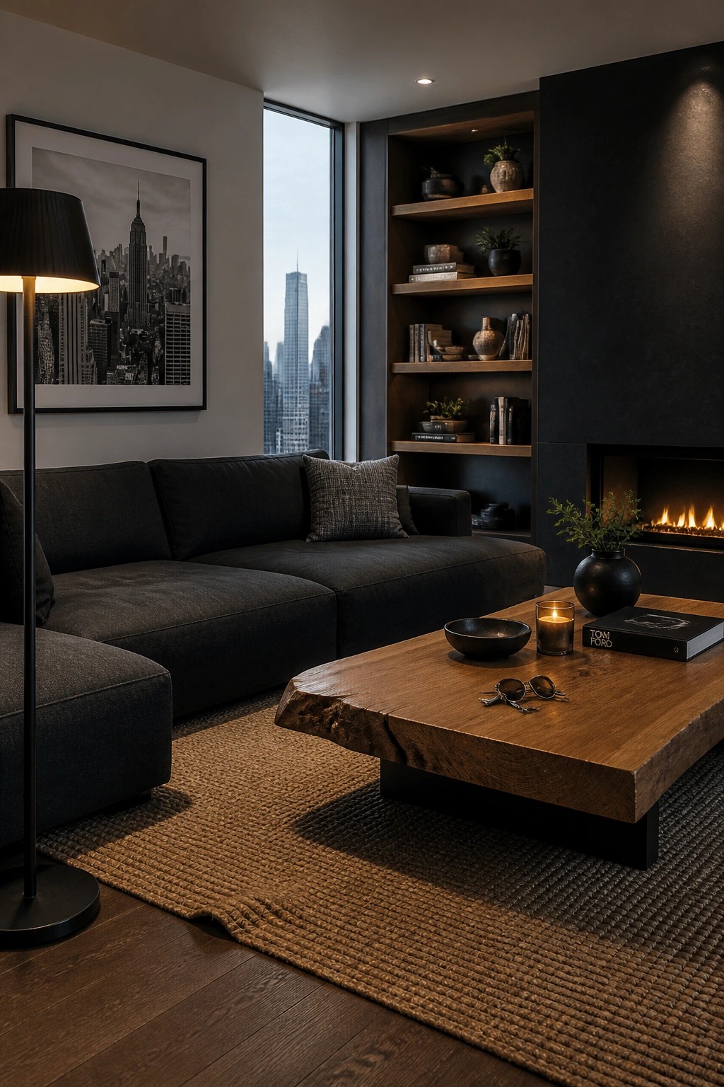 A modern living room with a dark sectional sofa, a large live-edge wood coffee table, built-in dark shelves beside a fireplace, and a city view through tall windows.