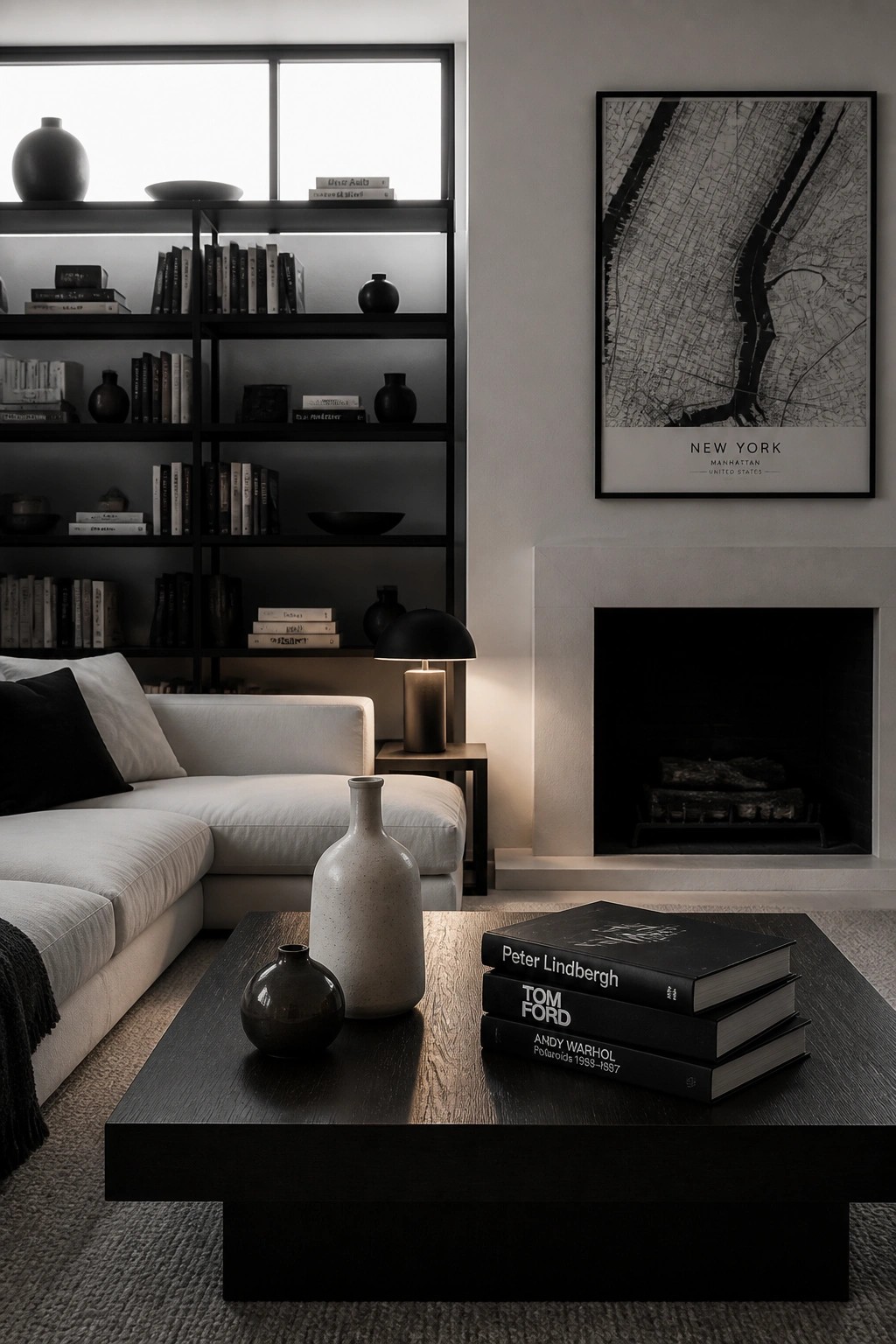 A living room featuring a white sectional sofa, a dark wood coffee table with stacked books and two vases, built-in black bookshelves filled with books, a lit table lamp, and a fireplace with a large framed map above it.