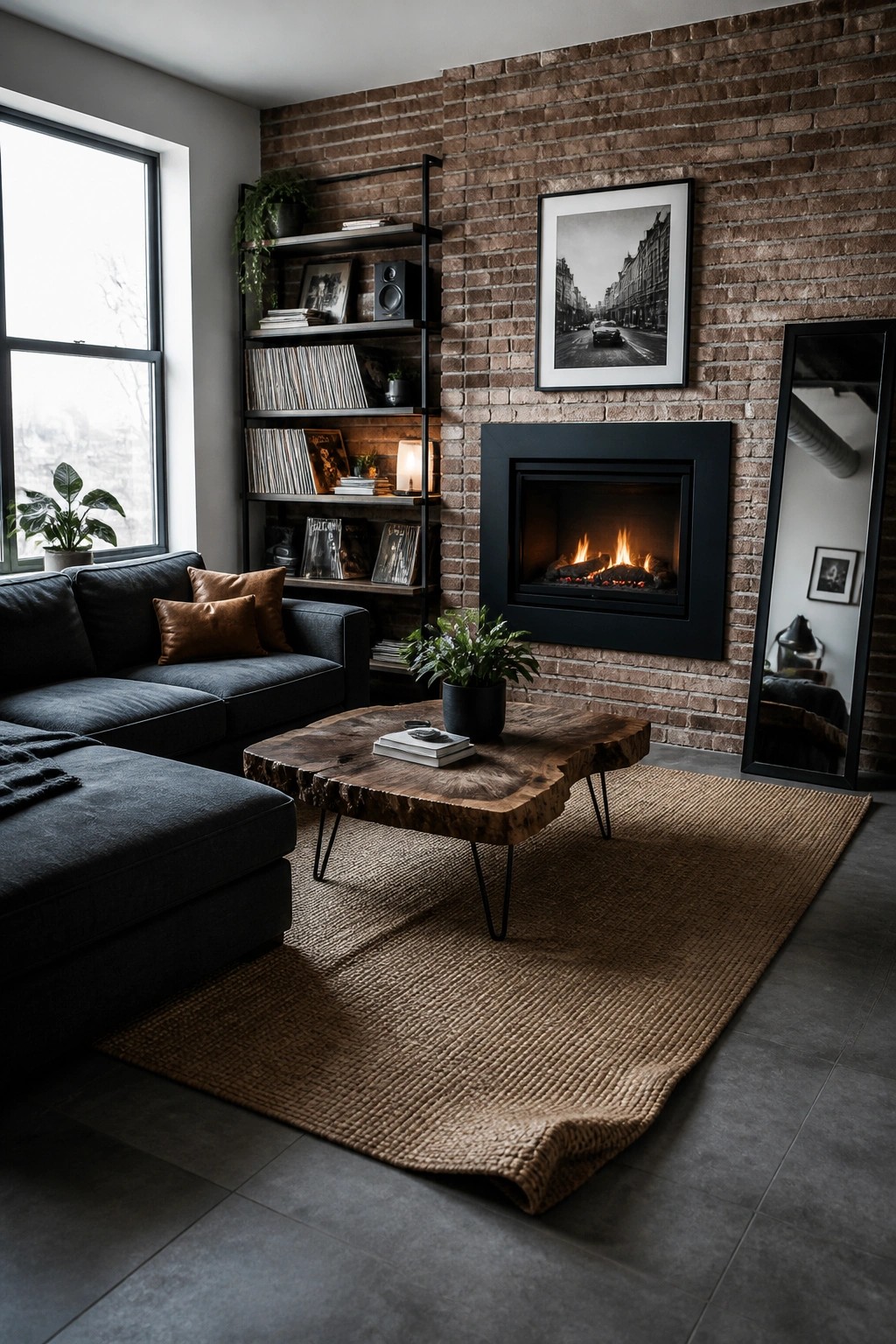 A living room with a dark sectional sofa, live-edge wood coffee table on a jute rug, and a black fireplace set into an exposed brick wall with floating shelves to the left.