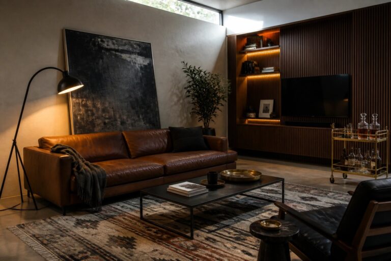 20 Bachelor Pad Living Room Ideas That Feel Clean and Elevated A living room featuring a brown leather sofa, a dark wood entertainment unit with under-shelf lighting, a black coffee table on a patterned rug, and a gold rolling bar cart with glassware.