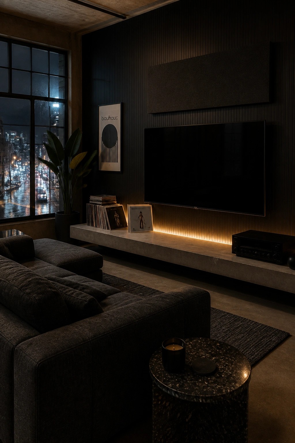 A dark living room with a floating concrete media shelf beneath a wall-mounted TV, lit by warm LED strip lighting, next to a large window and a dark sectional sofa.