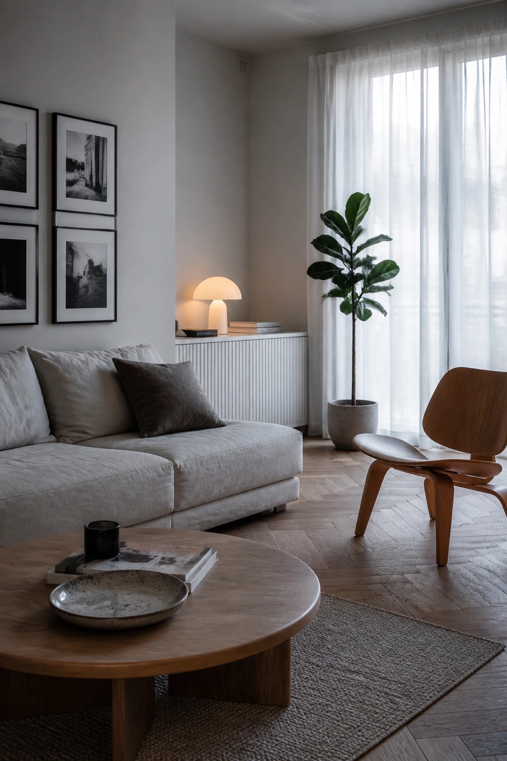 A living room with a light gray sectional sofa, round wooden coffee table, wooden lounge chair, round rug, potted plant, and framed black and white photos on a white wall.