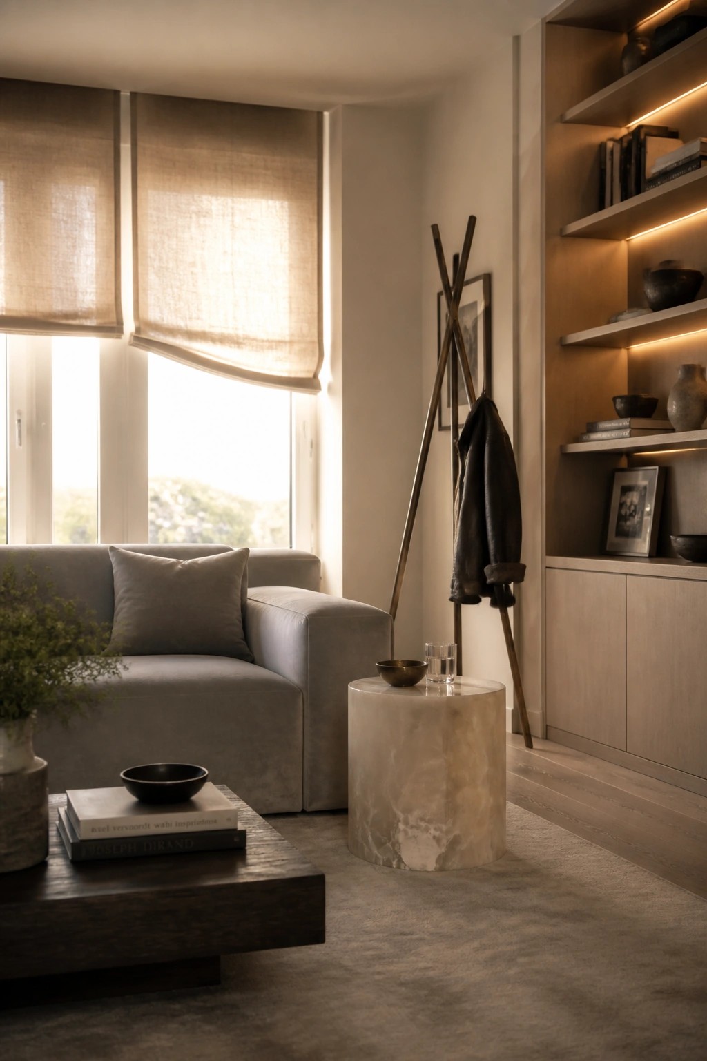 A living room with a gray sofa, dark wood coffee table, marble side table, built-in lit shelves, and large windows with beige Roman shades.
