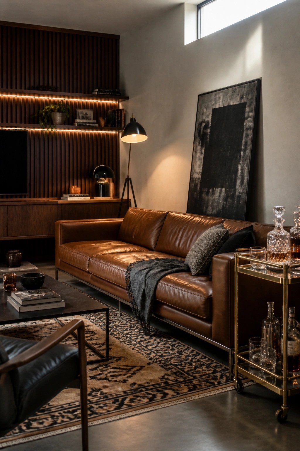 A living room featuring a brown leather sofa, a dark wood entertainment unit with under-shelf lighting, a black coffee table on a patterned rug, and a gold rolling bar cart with glassware.